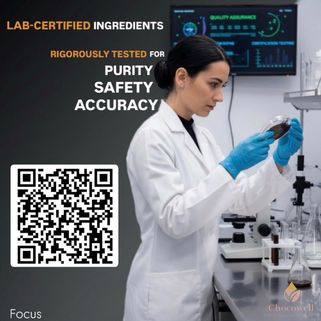 Lab technician in a white coat and blue gloves holding a smartphone with text about lab-certified ingredients and rigorous testing.