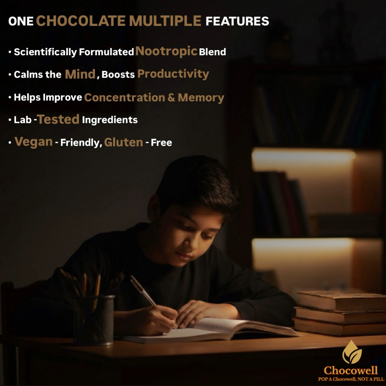 Child studying with books and a lamp, Chocowell product feature text overlay