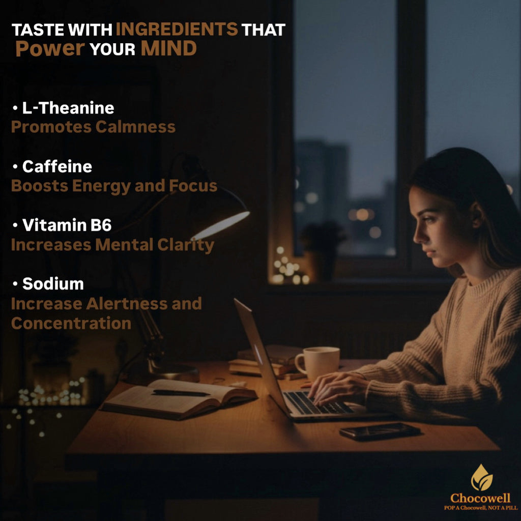 Woman working on a laptop with text about Chocowell ingredients promoting focus and alertness.