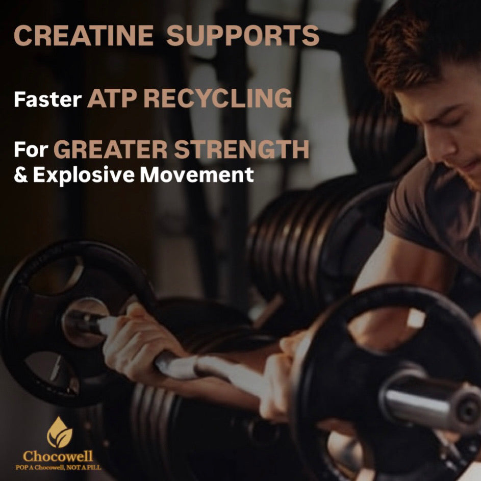 Person lifting weights with text about creatine supporting ATP recycling for strength and movement.