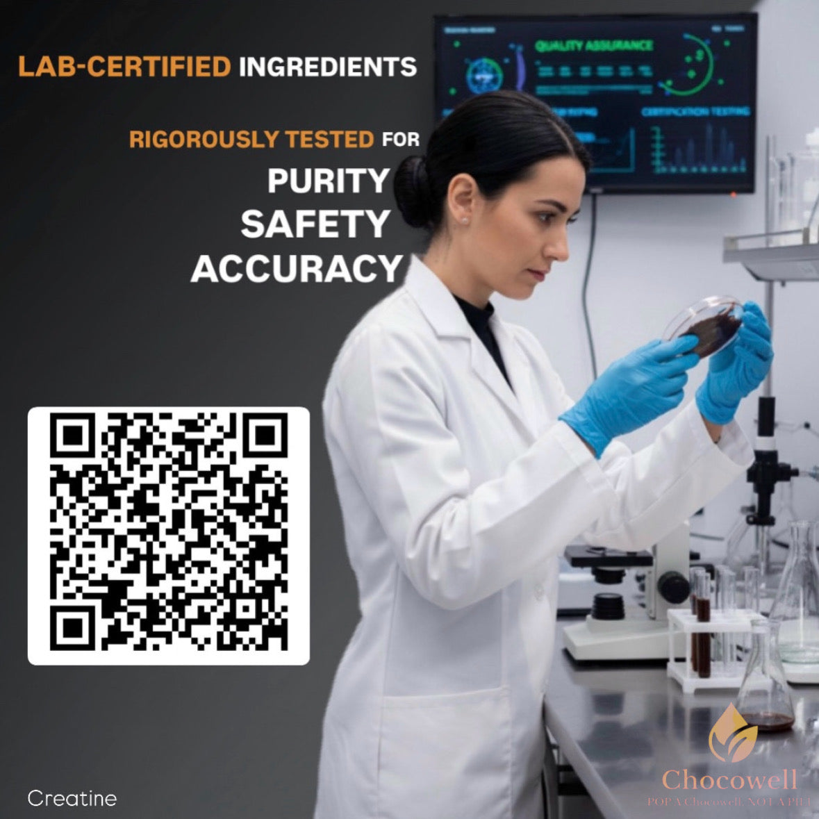 Lab technician in a white coat and blue gloves holding a smartphone with text about lab-certified ingredients and Chocowell branding.