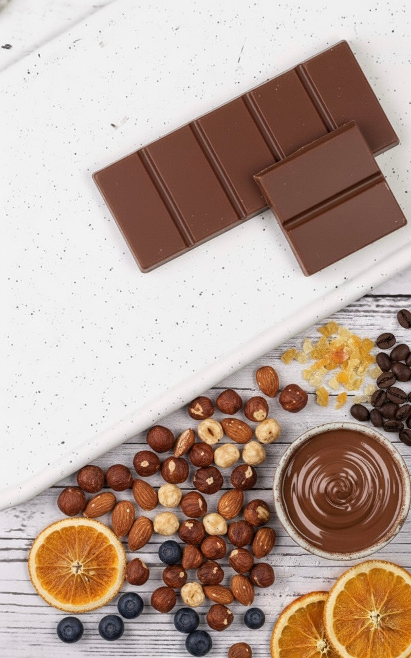Chocolate bars with nuts, dried fruits, and orange slices on a white surface