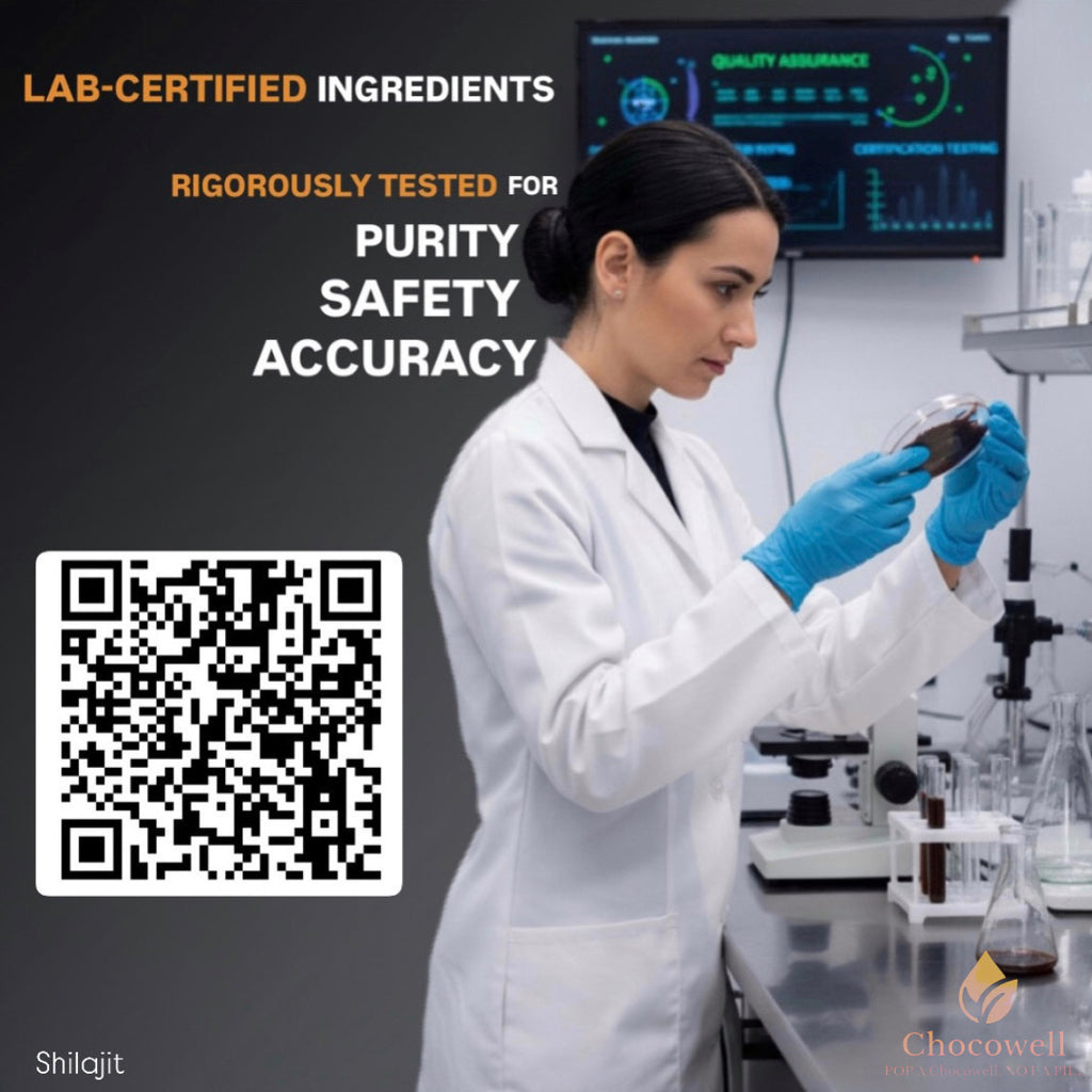 Laboratory setting with a scientist holding a sample, text about lab-certified ingredients, and a QR code.