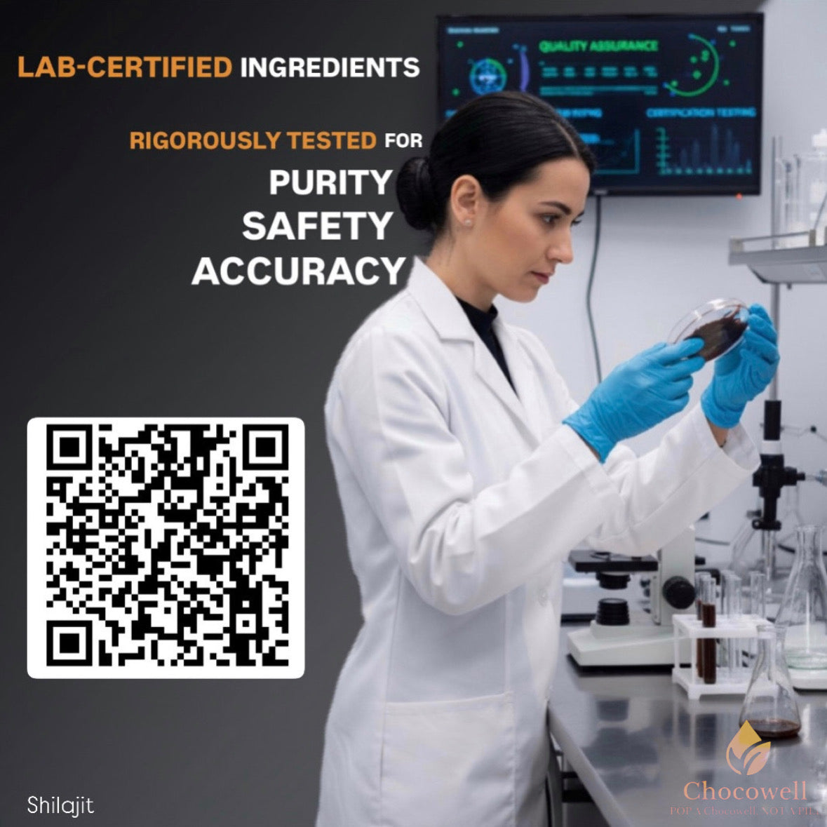 Laboratory setting with a scientist holding a sample, text about lab-certified ingredients, and a QR code.