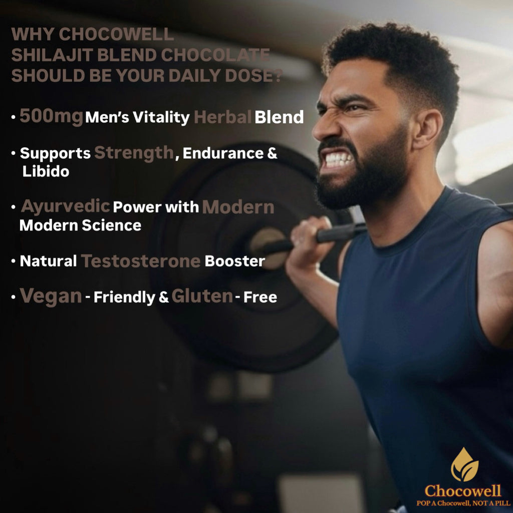 Man lifting weights with Chocowell Shilajit Blend Chocolate advertisement text overlay