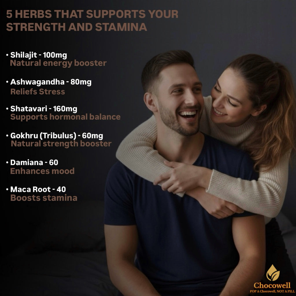 Couple embracing with a list of herbs supporting strength and stamina on a dark background, featuring Chocowell brand.