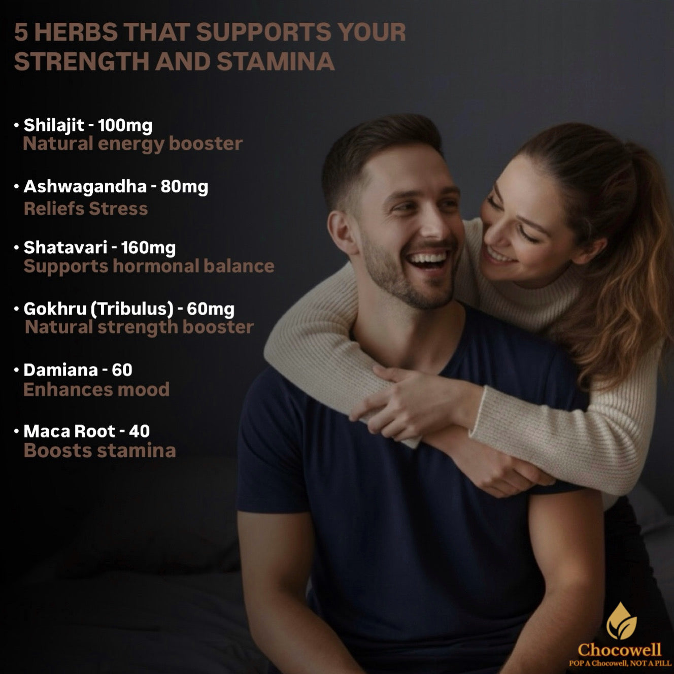 Couple embracing with a list of herbs supporting strength and stamina on a dark background, featuring Chocowell brand.