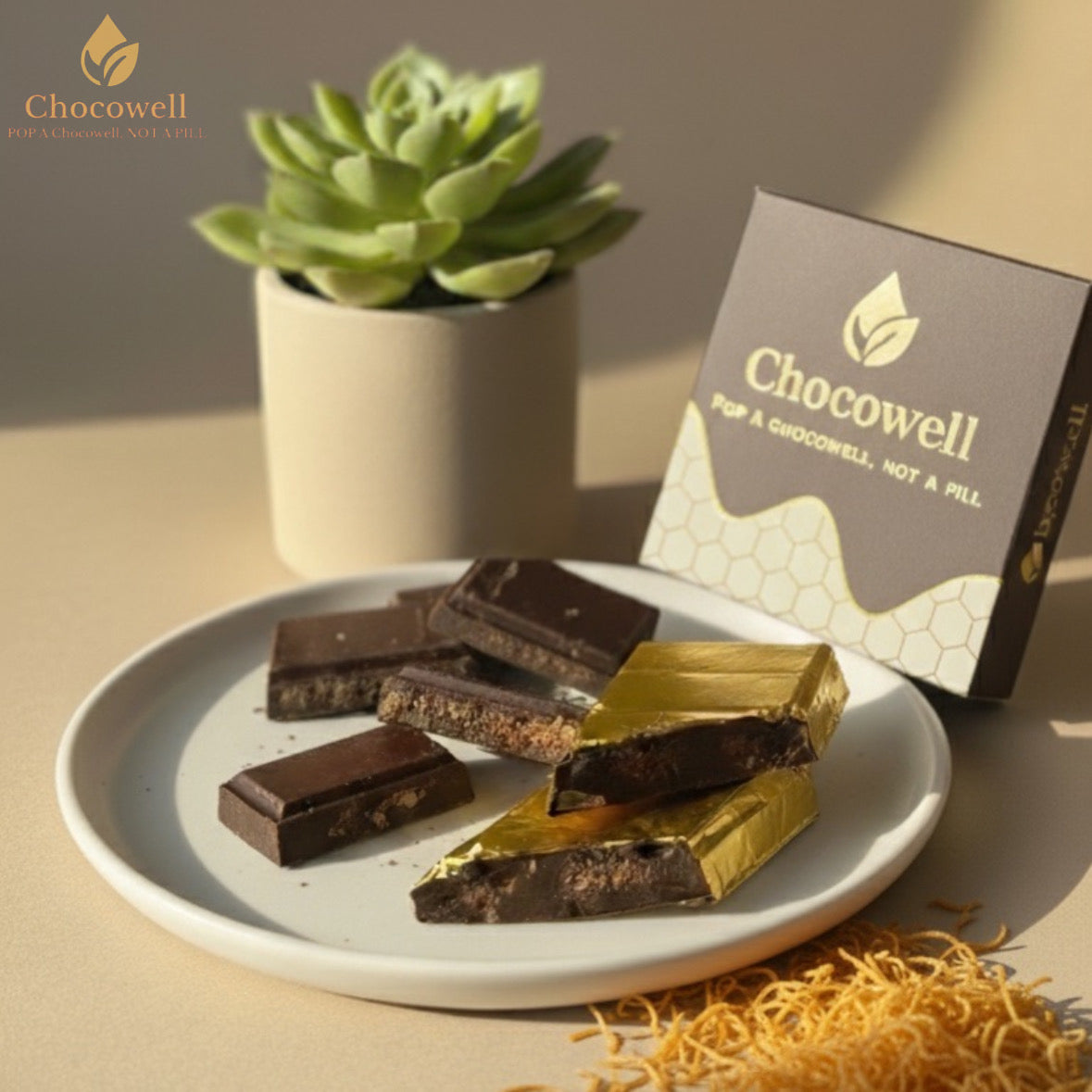 Chocowell chocolate protein bars on a plate with a box and plant in the background