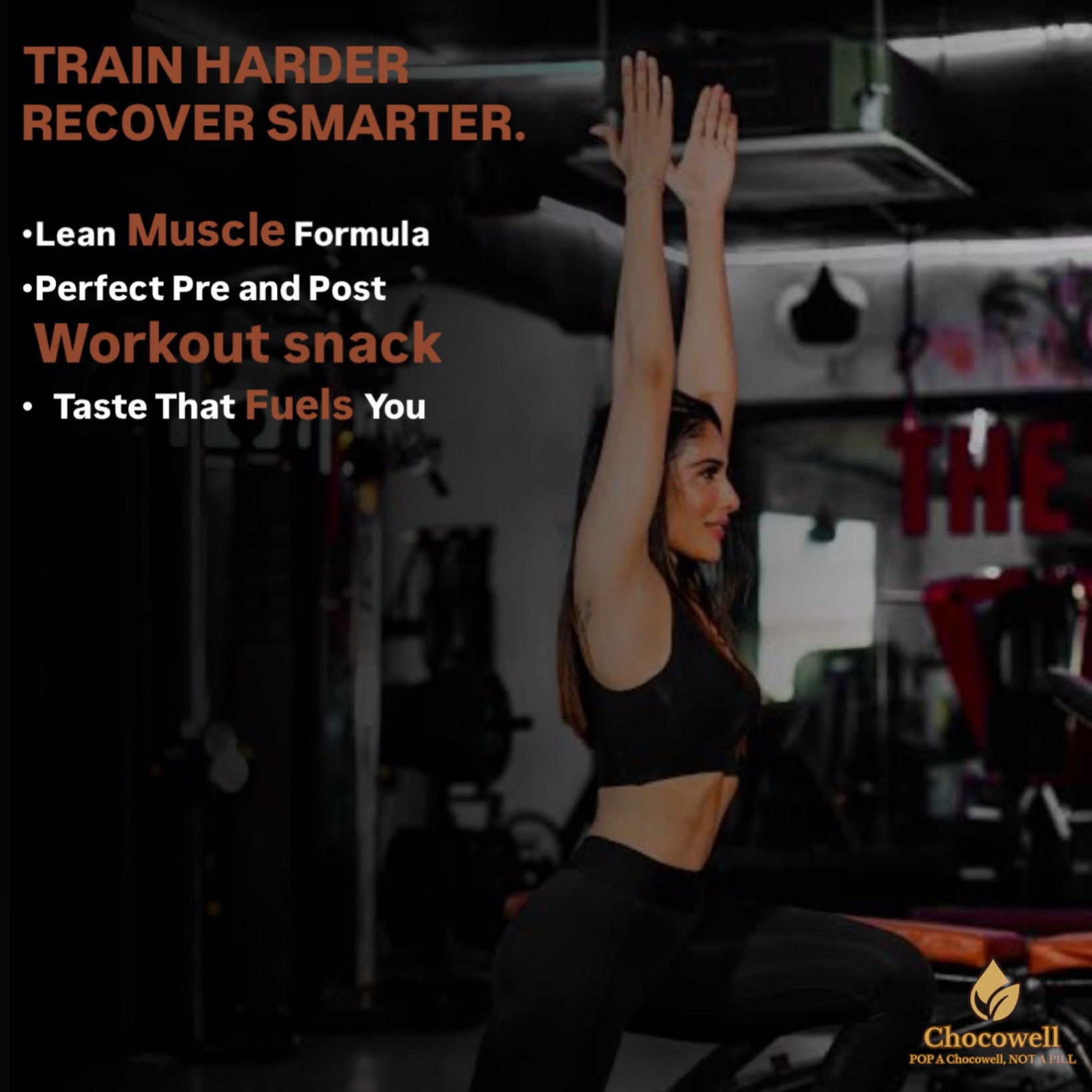 Woman exercising in a gym with promotional text about a fitness product.