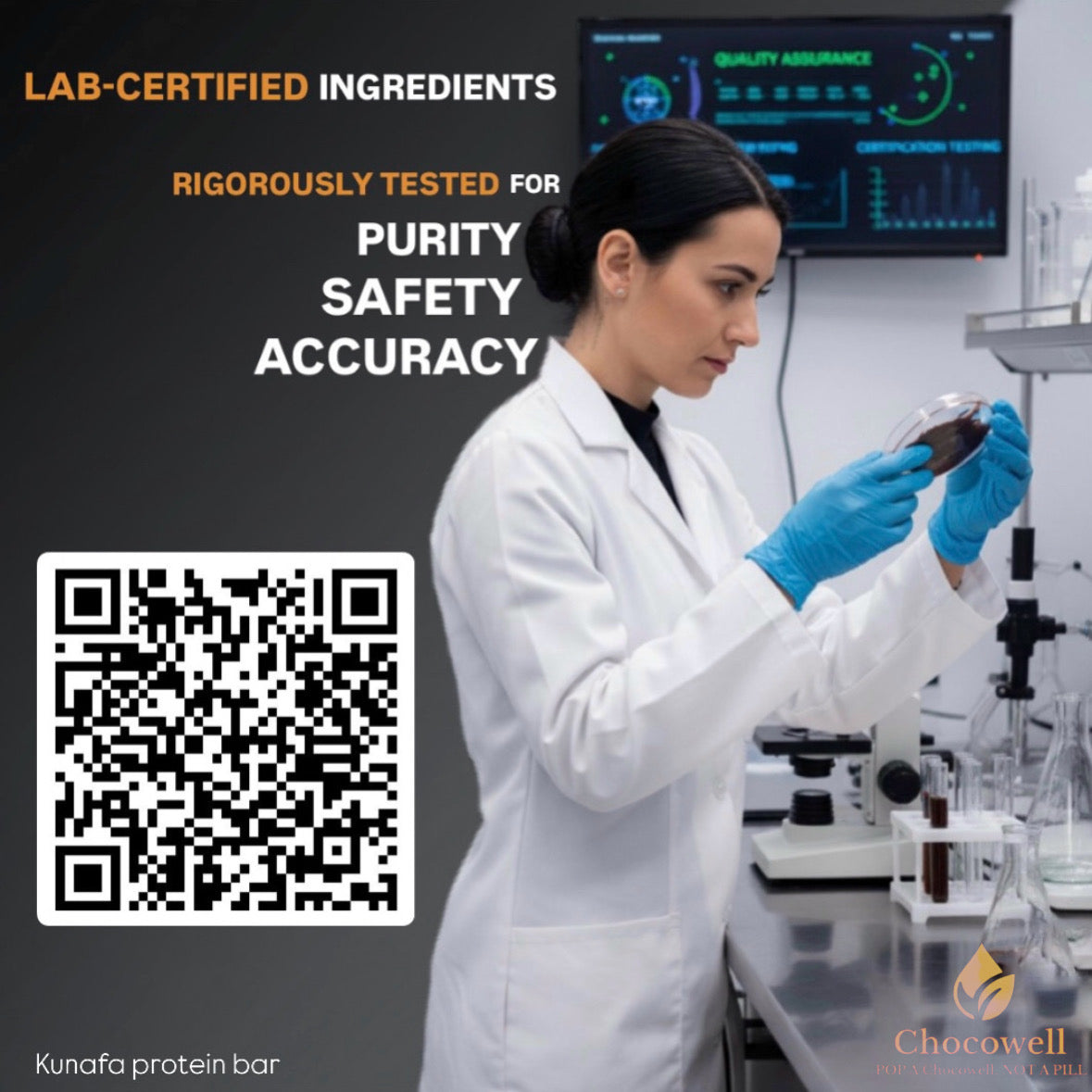 Lab technician in a white coat and blue gloves holding a smartphone with text about lab-certified ingredients and Chocowell branding.