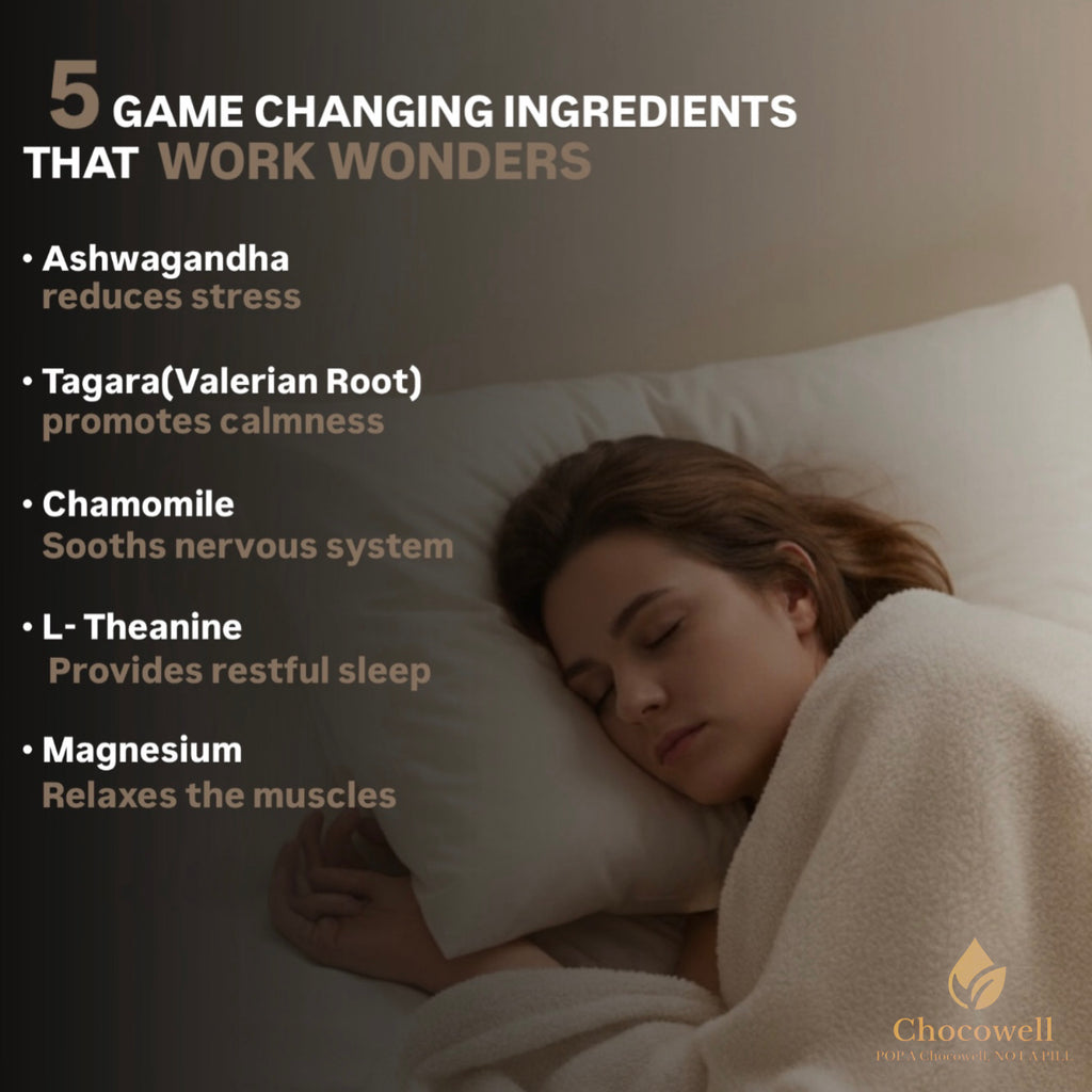 Woman sleeping with text about Chocowell's game-changing ingredients