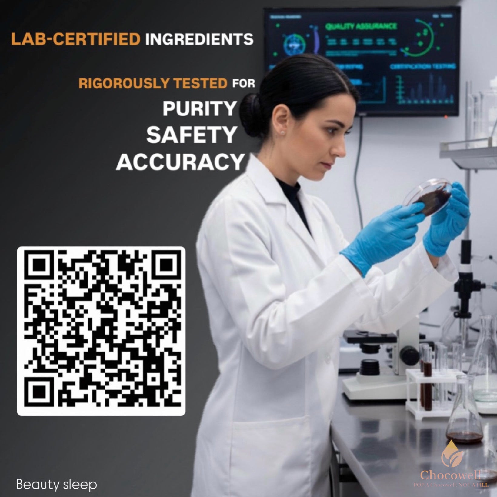 Lab technician in a white coat and gloves holding a sample with text about lab-certified ingredients.