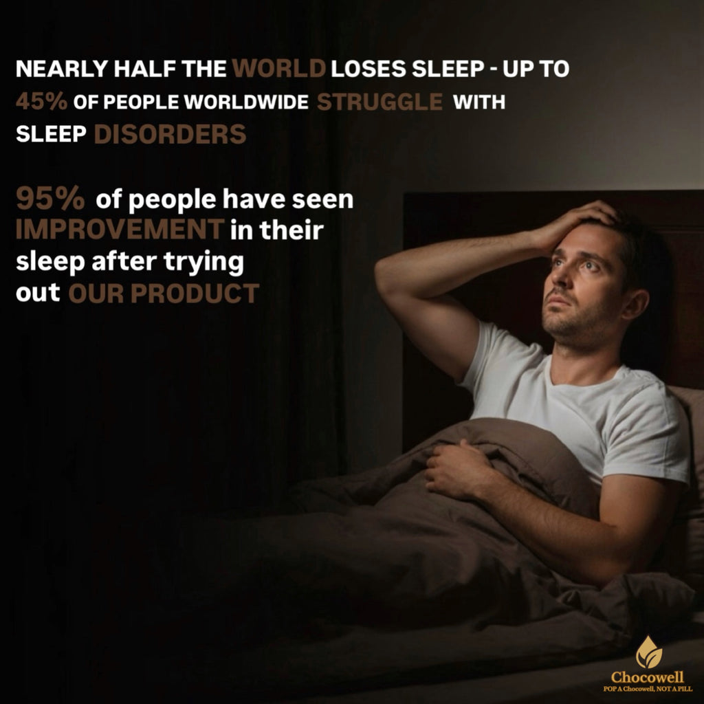 Man in bed with text about sleep disorders and product improvement