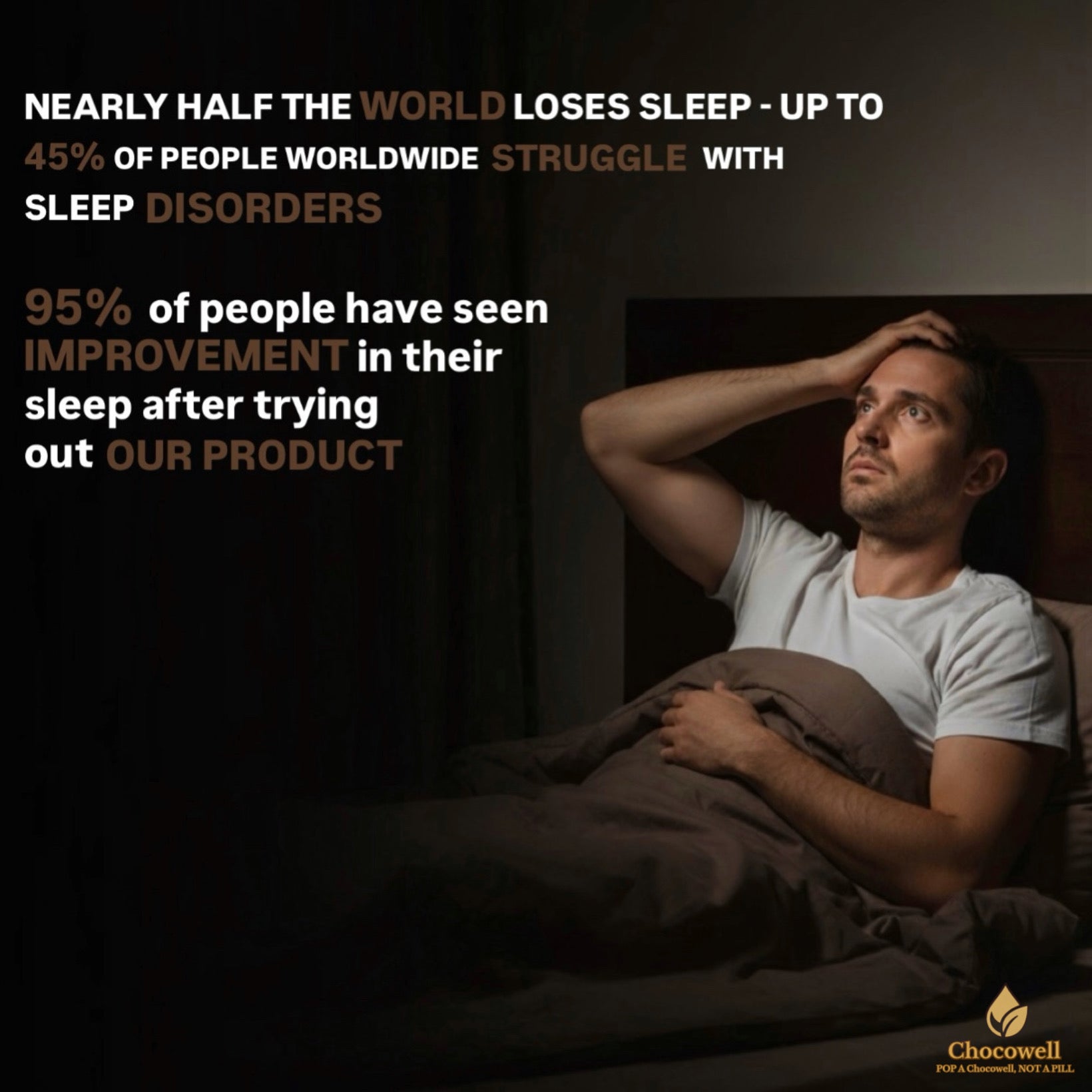 Man in bed with text about sleep disorders and product improvement