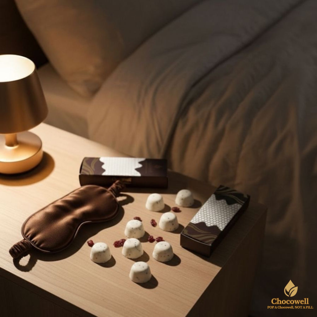 Chocolates and a sleep mask on a bedside table with a warm ambiance.