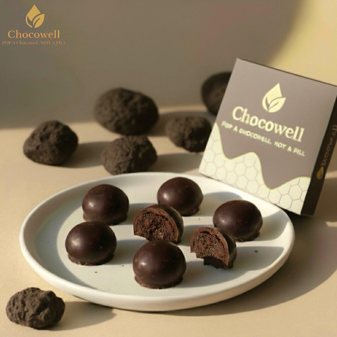 Chocolate truffles on a plate with Chocowell packaging in the background