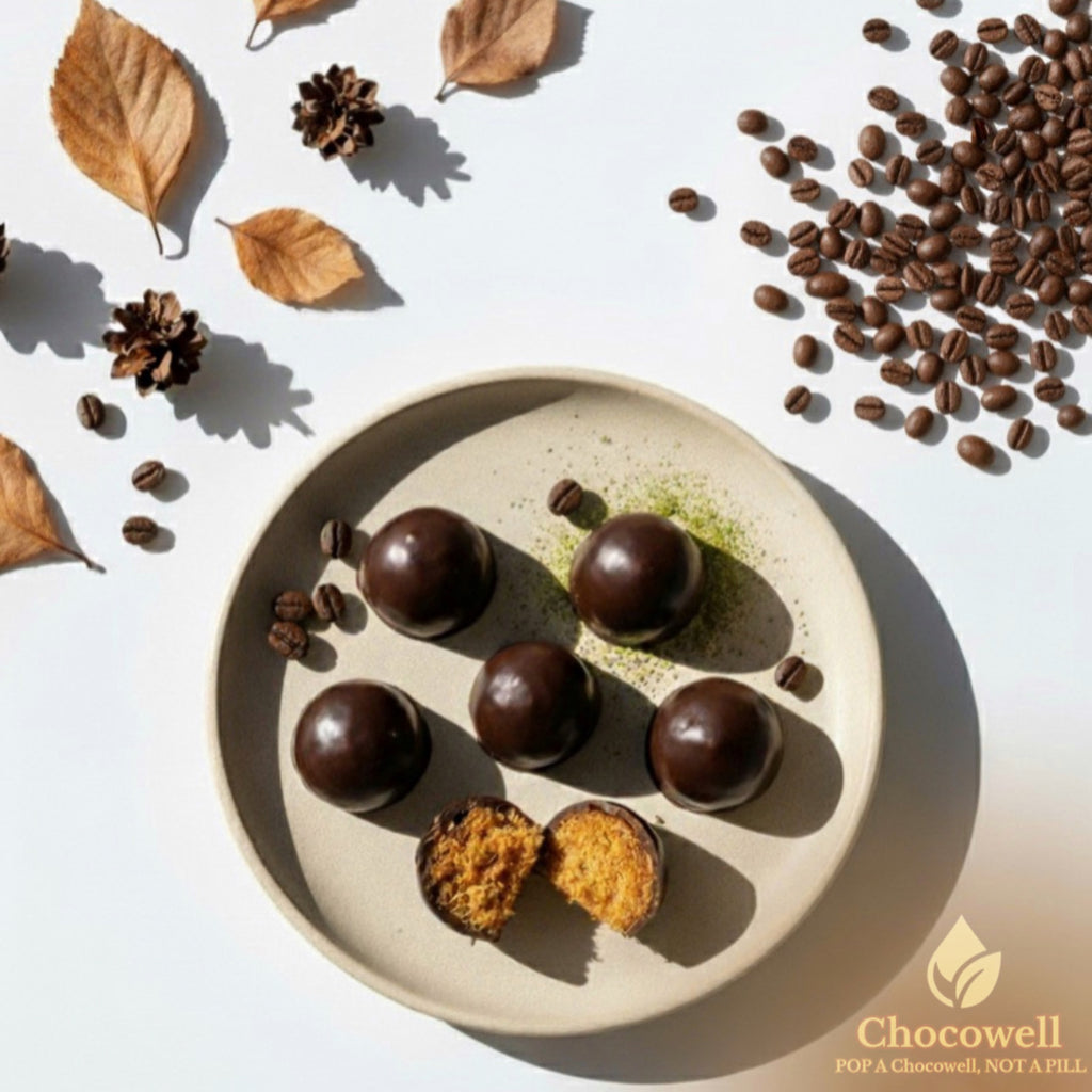Chocolate truffles on a plate with coffee beans and leaves on a white background, Chocowell brand visible.
