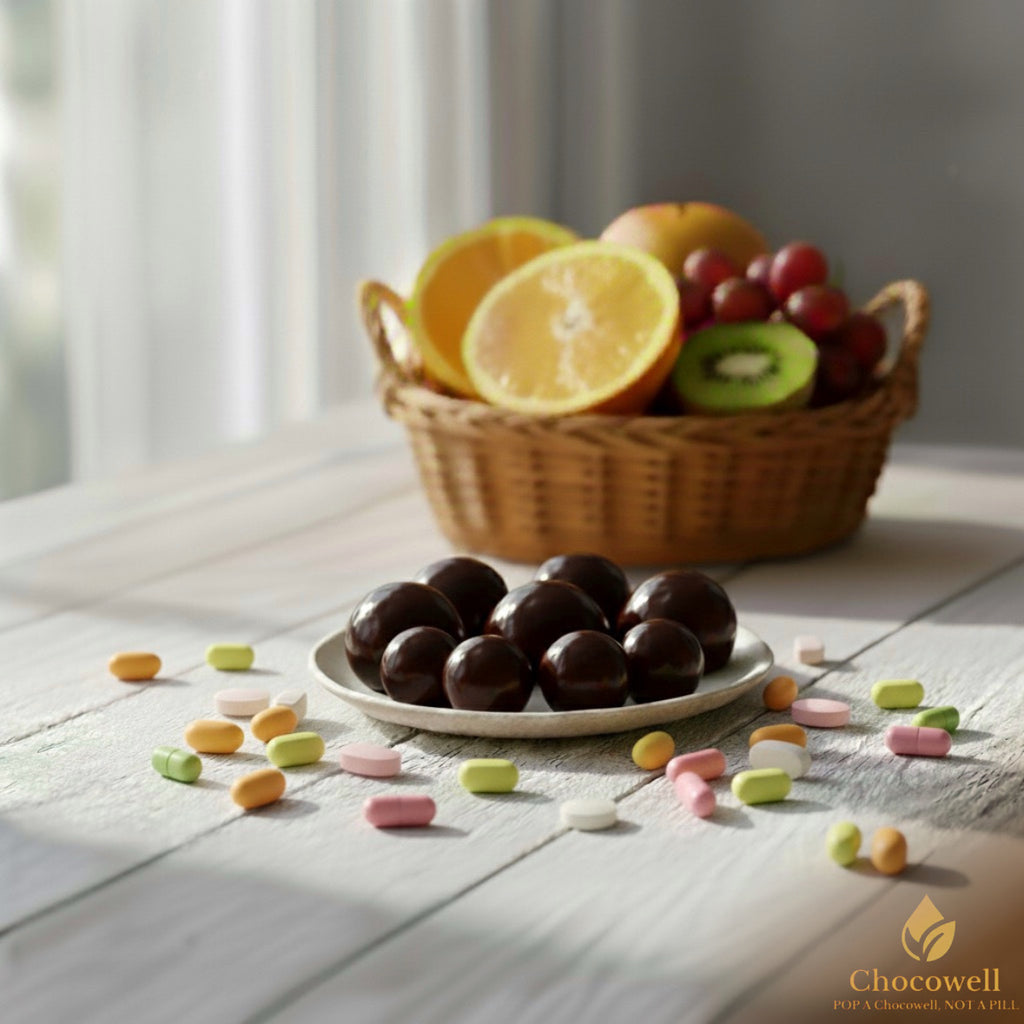 Chocolate truffles on a plate with colorful candies and a fruit basket in the background