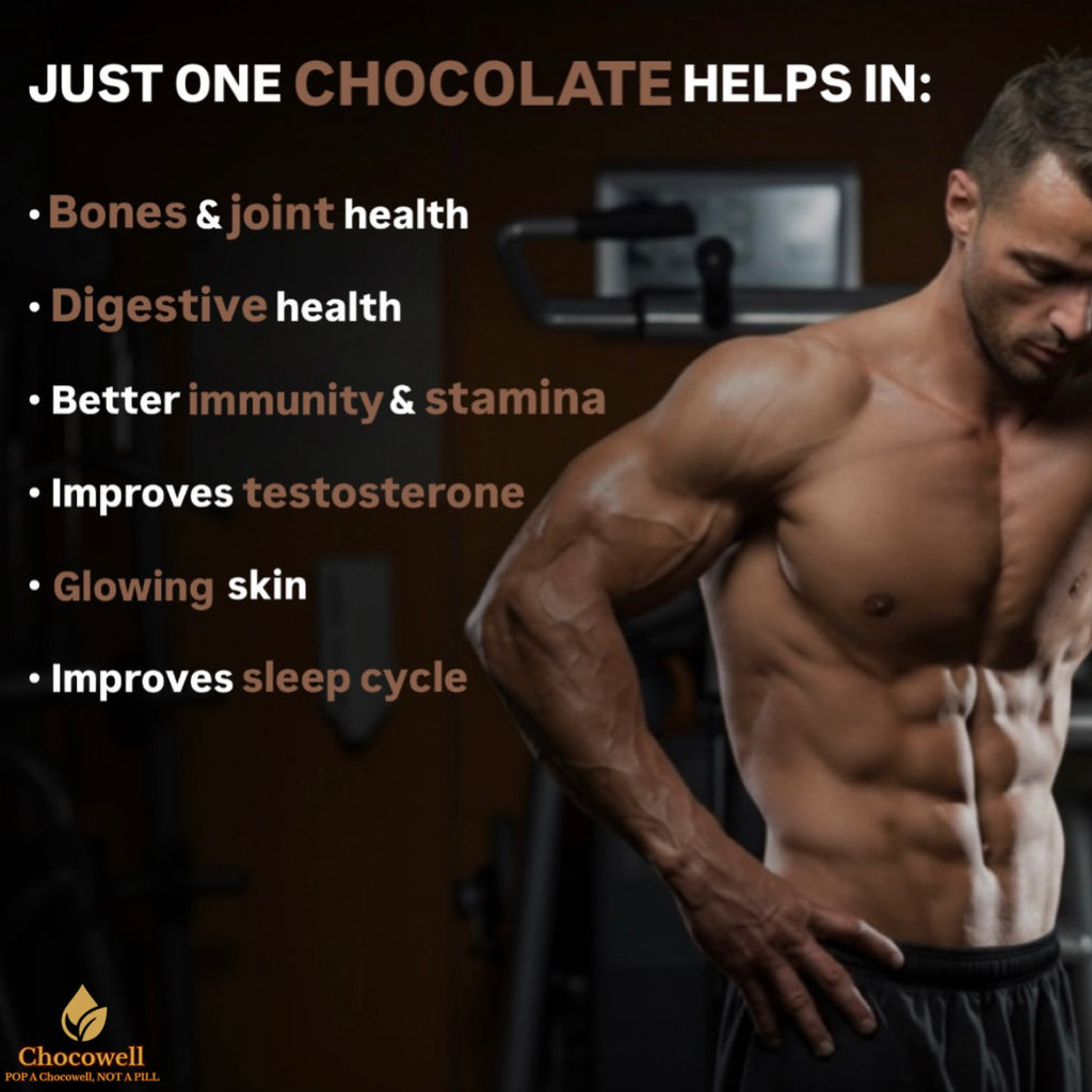 Muscular man with text about chocolate's health benefits on a dark background