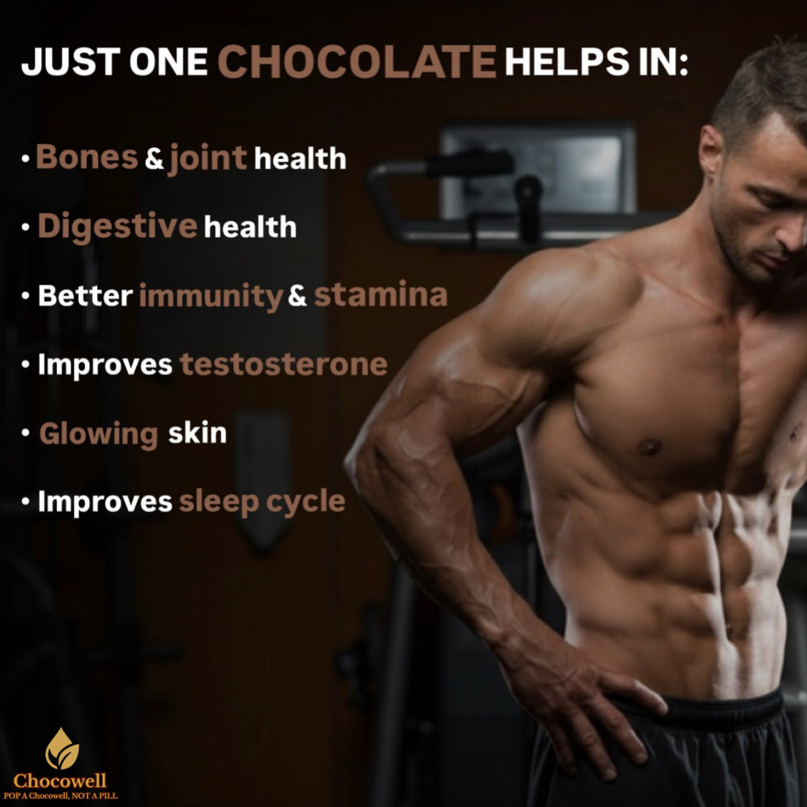Muscular man with text about chocolate's health benefits on a dark background