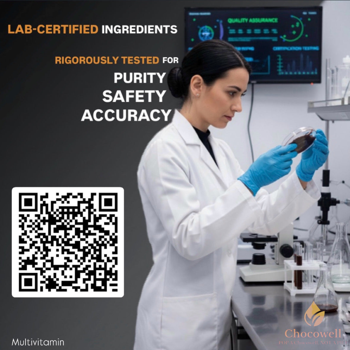 Lab technician in a white coat and blue gloves holding a sample with text about lab-certified ingredients.