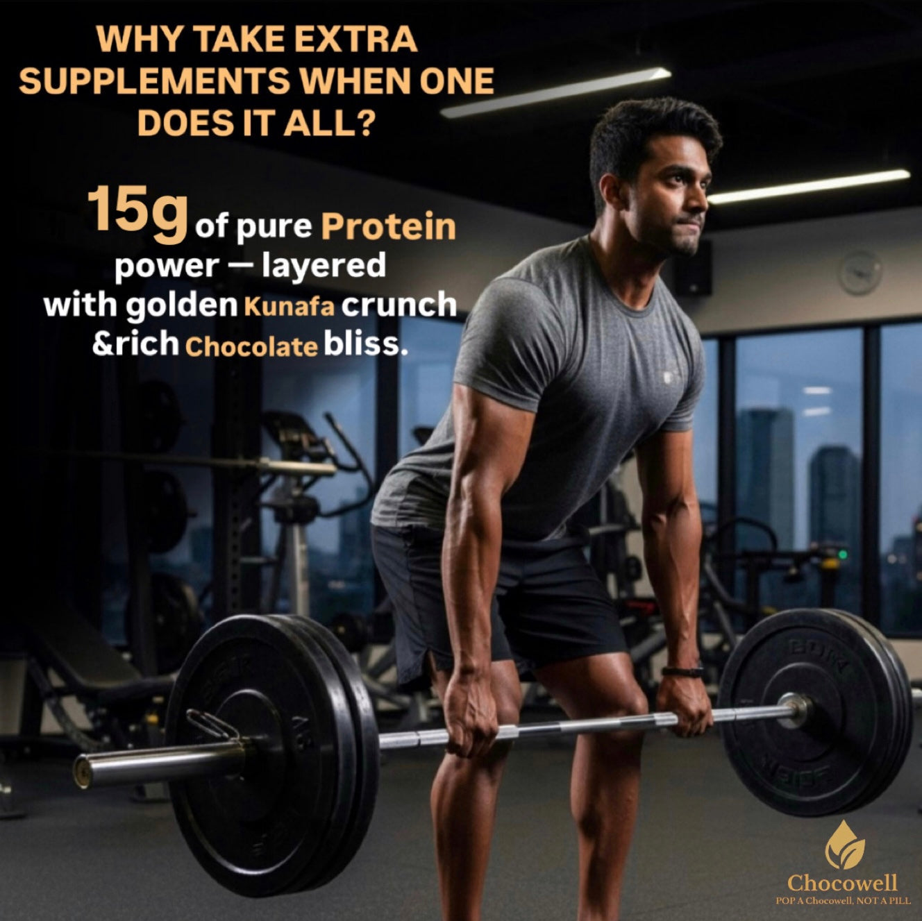 Man lifting weights in a gym with promotional text about protein supplement, Chocowell brand visible.