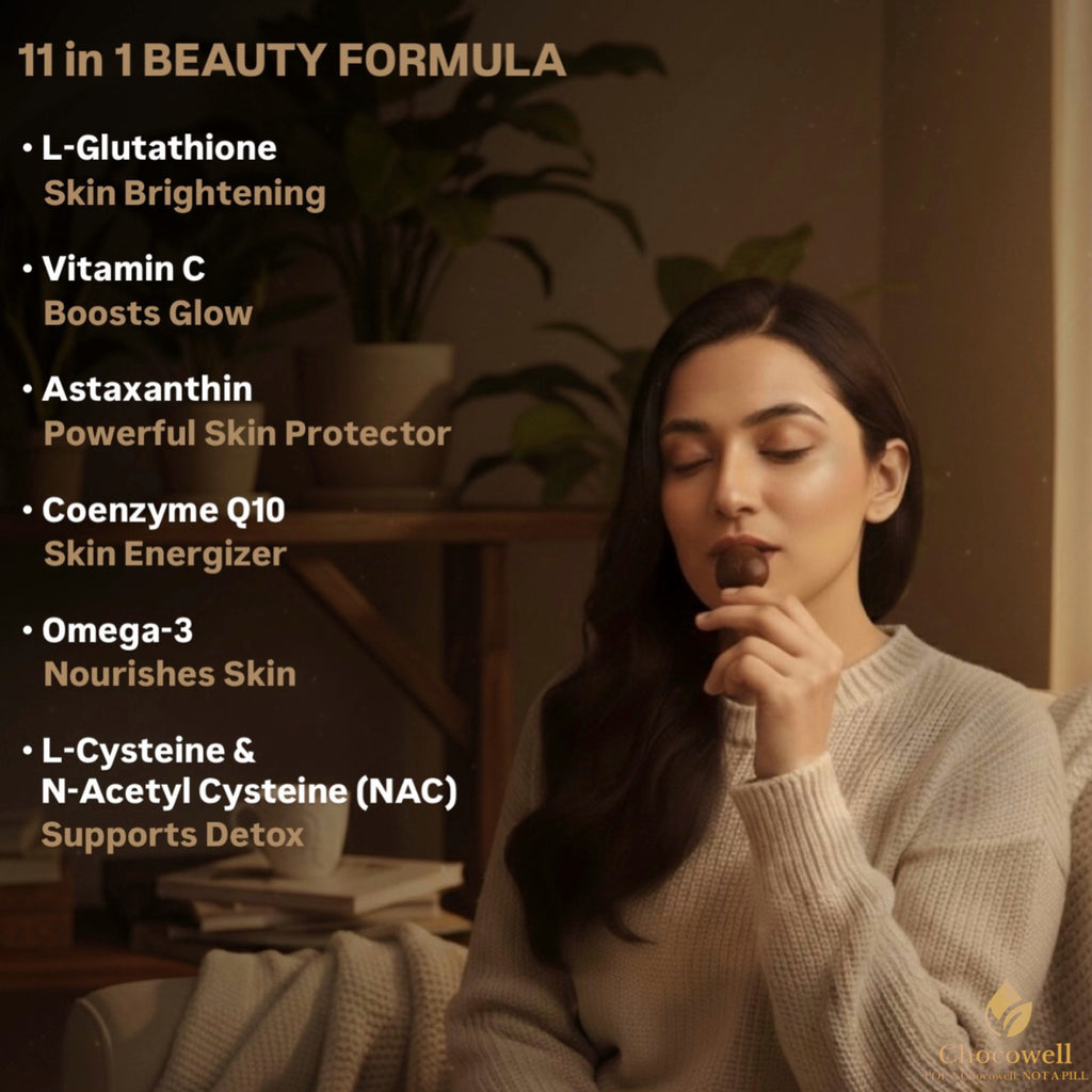 Woman eating a chocolate bar with a list of beauty ingredients on a blurred background