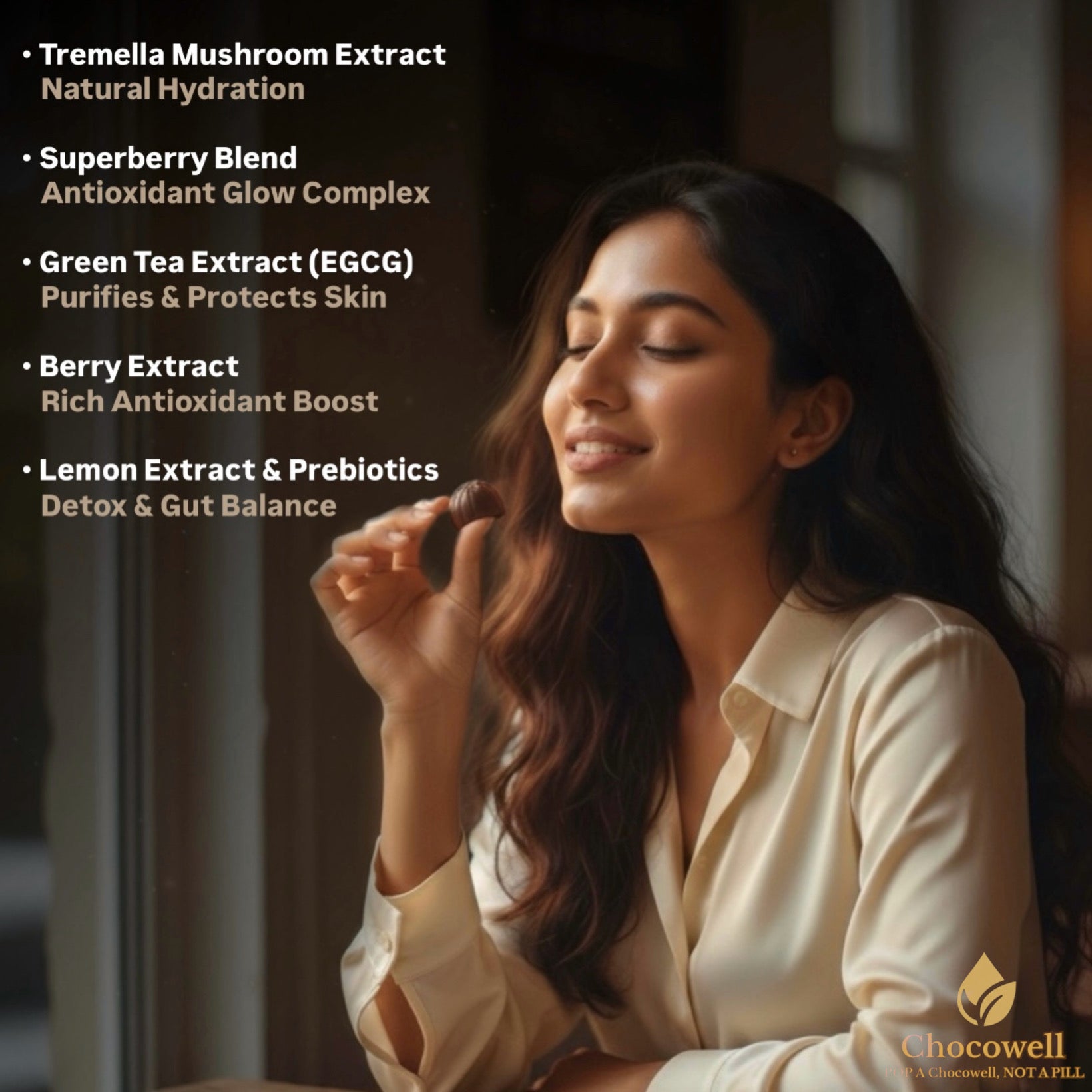 Woman enjoying a snack with a list of health benefits on a dark background