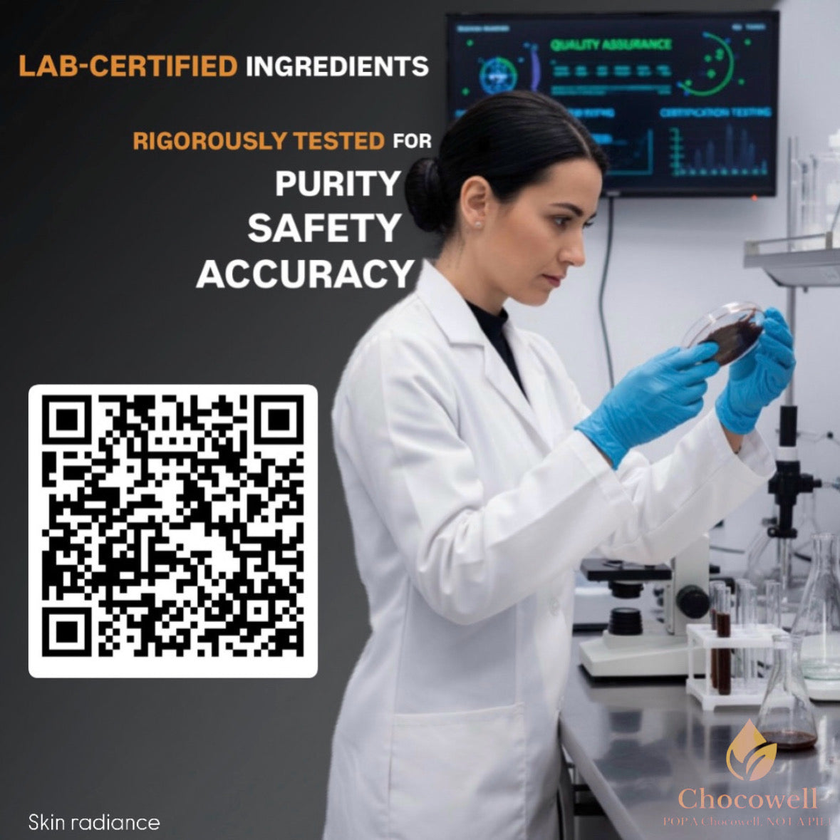 Lab technician in a white coat and blue gloves holding a smartphone with text about lab-certified ingredients and Chocowell branding.