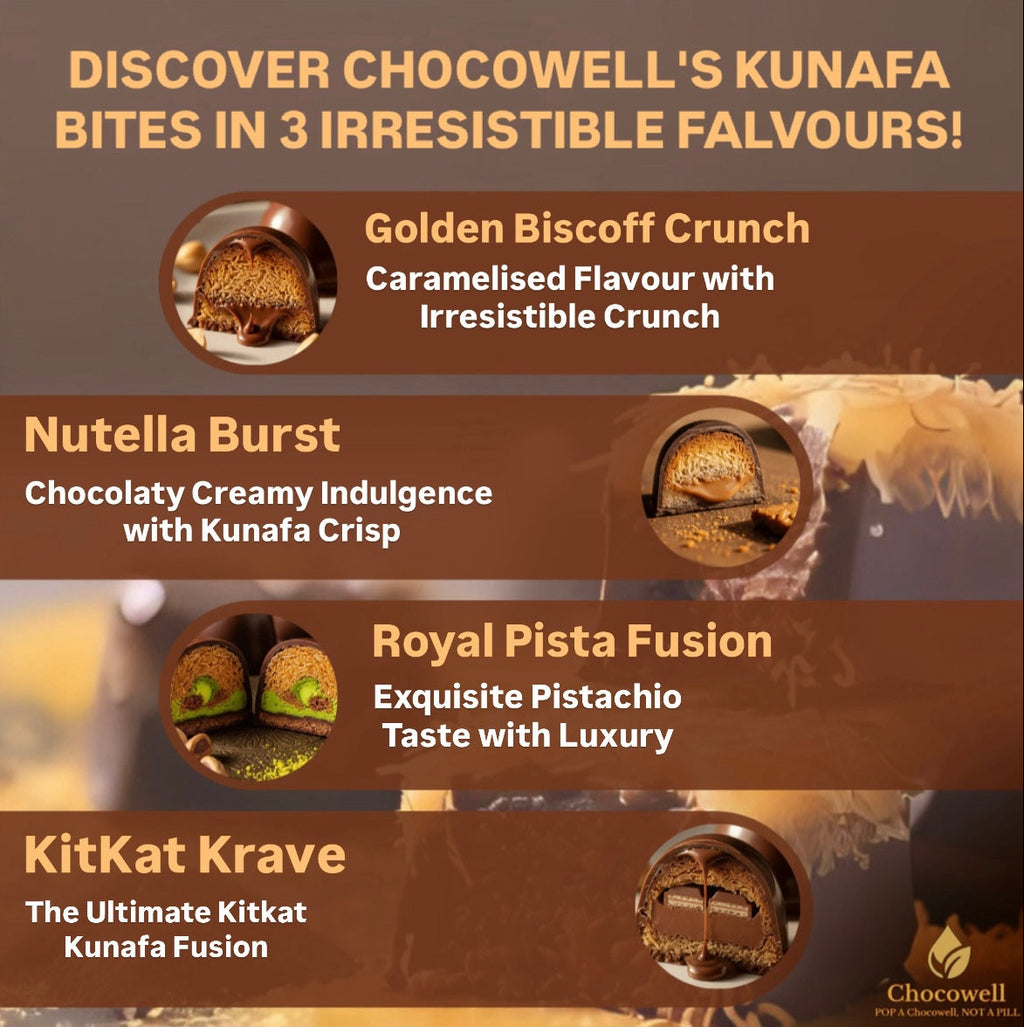Promotional graphic for Chocowell's Kunafa Bites with flavor descriptions and images.