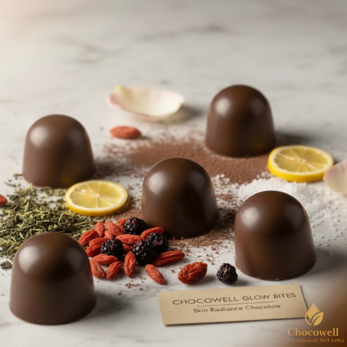 Chocolate truffles with lemon slices, berries, and herbs on a marble surface with Chocowell branding.