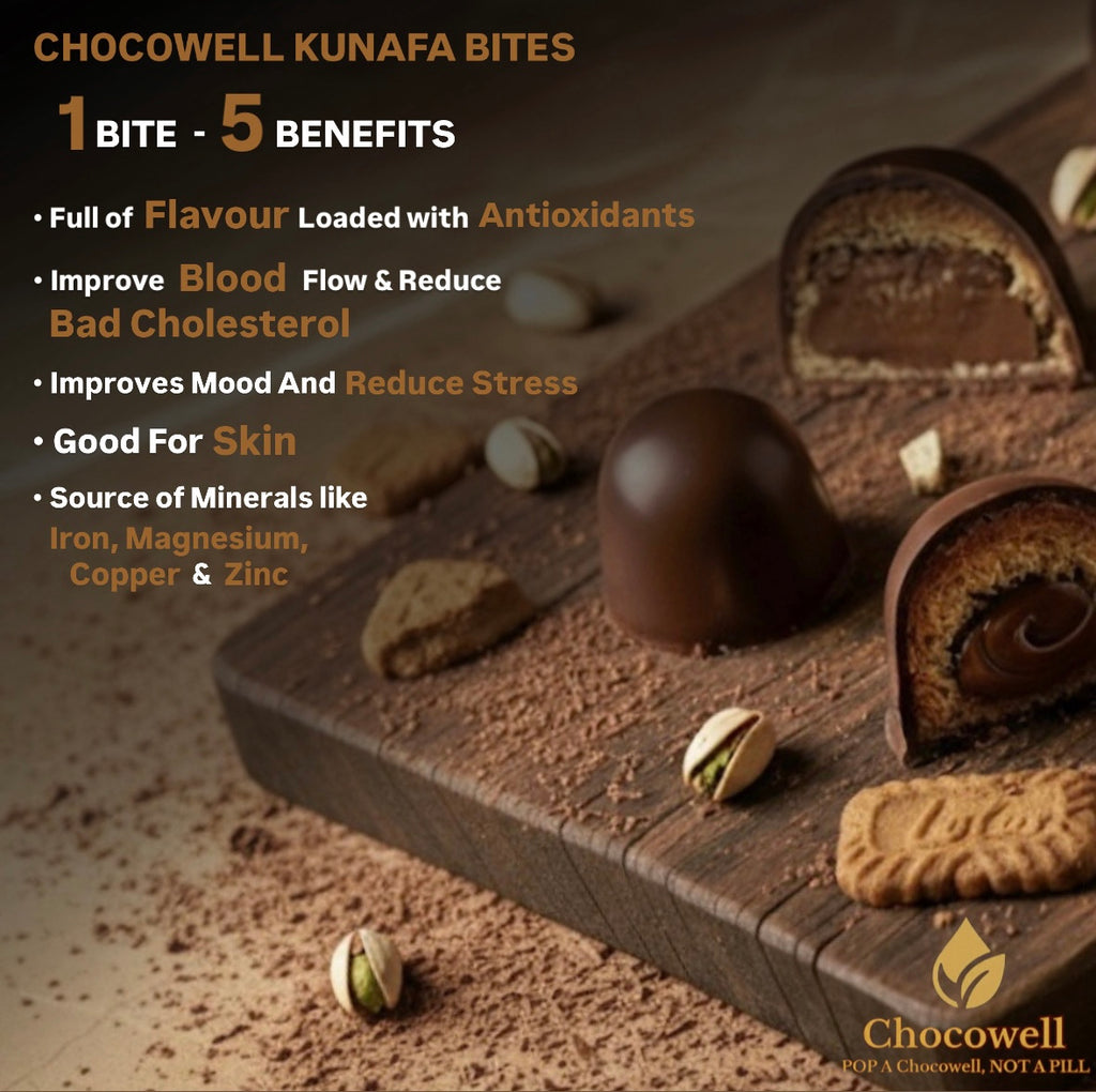 Chocowell Kunafa Bites with chocolate pieces and cookies on a wooden board, featuring health benefits text.